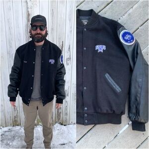 Vintage Varsity Jacket w Leather Sleeves | Wool Moto Jacket w Patches, L/XL